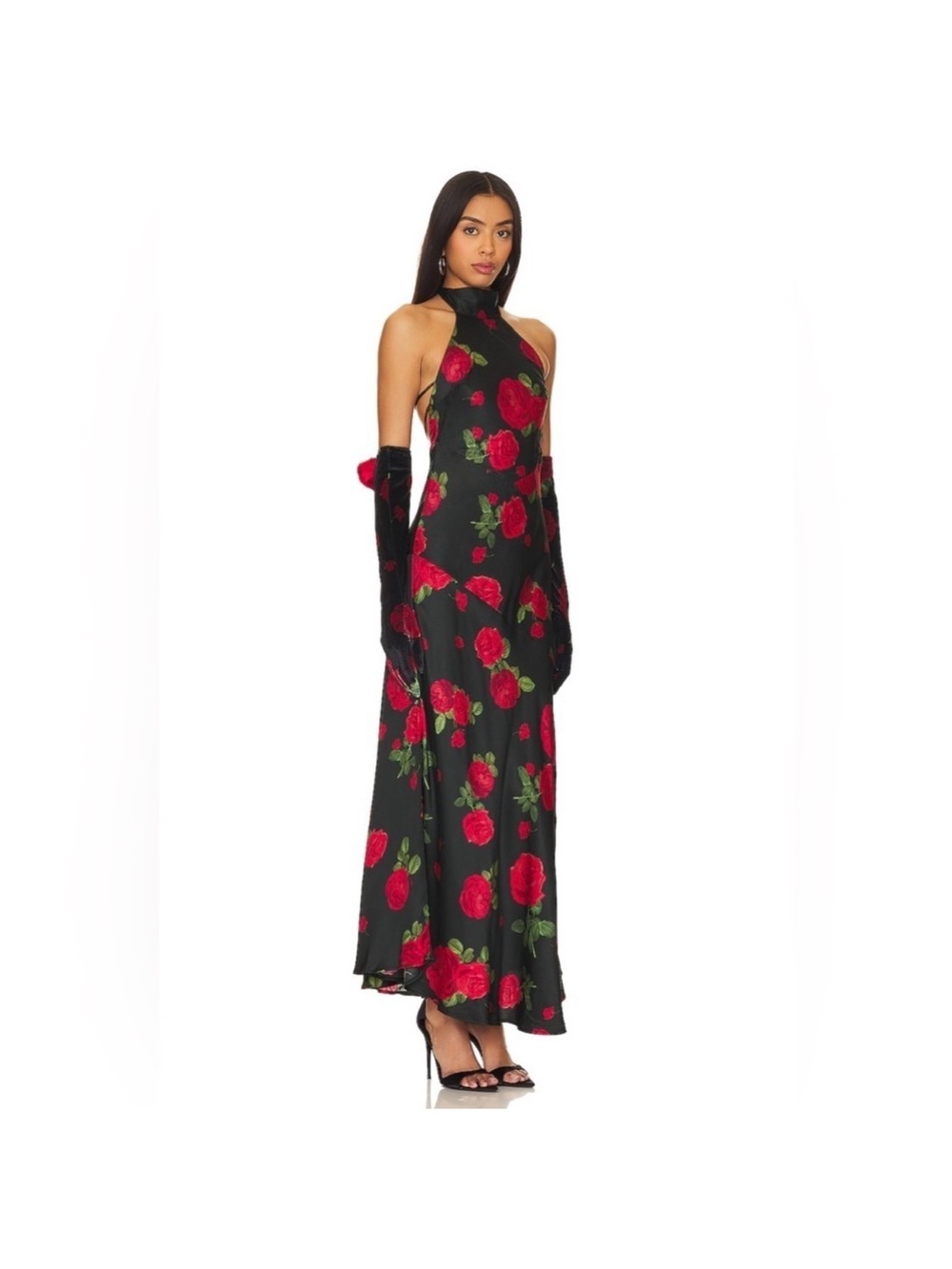For Love & Lemons Black Halter Maxi Dress with Red Rose Print